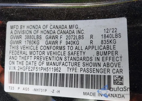2023 Honda Civic Sport from USA, damaged, VIN 2HGFE2F51PH511962